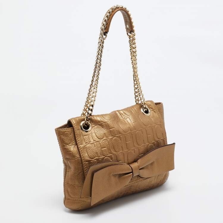 Pre Owned CH Carolina Herrera Gold Monogram Leather Audrey Shoulder Bag