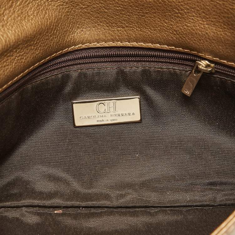 Pre Owned CH Carolina Herrera Gold Monogram Embossed Leather Audrey Chain Clutch