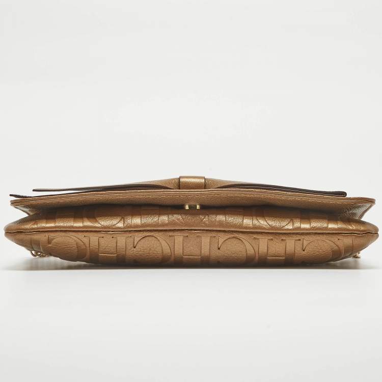 Pre Owned CH Carolina Herrera Gold Monogram Embossed Leather Audrey Chain Clutch