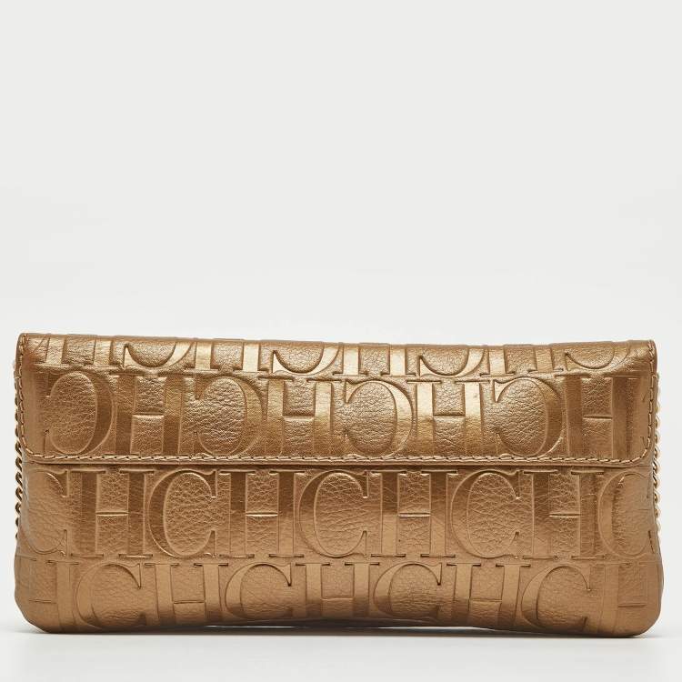 Pre Owned CH Carolina Herrera Gold Monogram Embossed Leather Audrey Chain Clutch