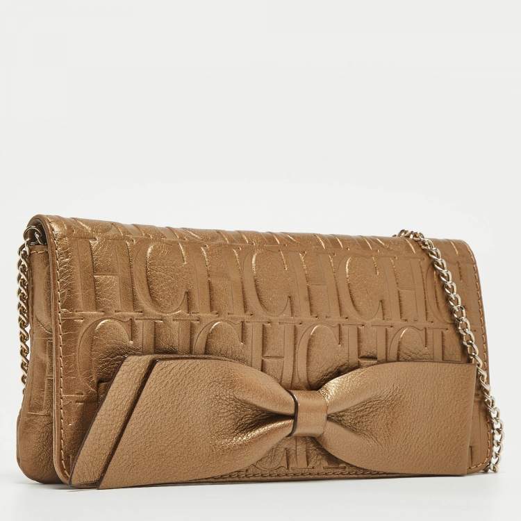 Pre Owned CH Carolina Herrera Gold Monogram Embossed Leather Audrey Chain Clutch