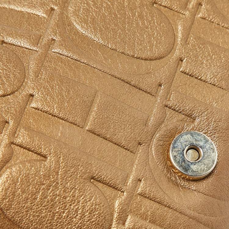Pre Owned CH Carolina Herrera Gold Monogram Embossed Leather Audrey Chain Clutch