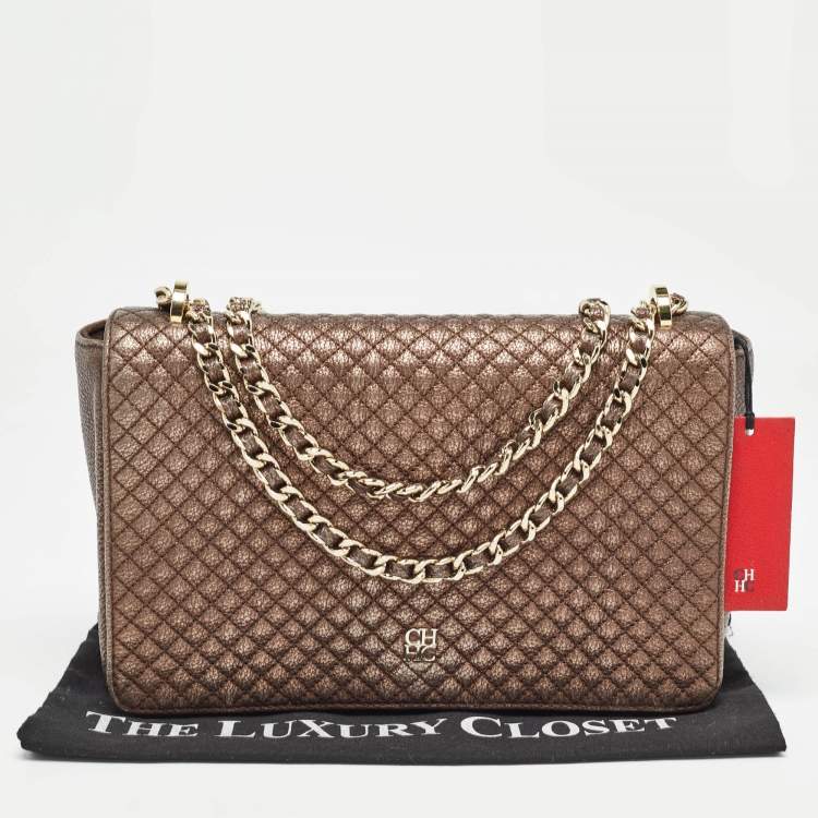Pre Owned CH Carolina Herrera Bronze Quilted Leather Flap Chain Shoulder Bag