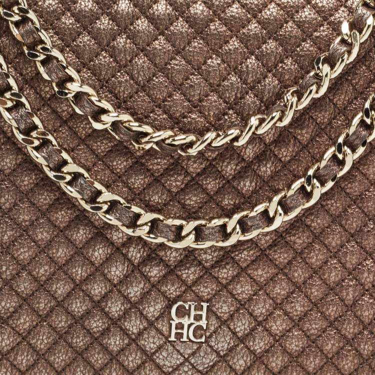 Pre Owned CH Carolina Herrera Bronze Quilted Leather Flap Chain Shoulder Bag