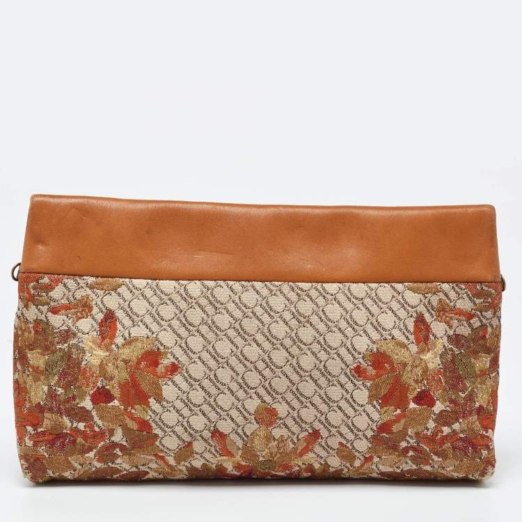 Pre Owned CH Carolina Herrera Brown Signature Canvas and Leather Strap Clutch 