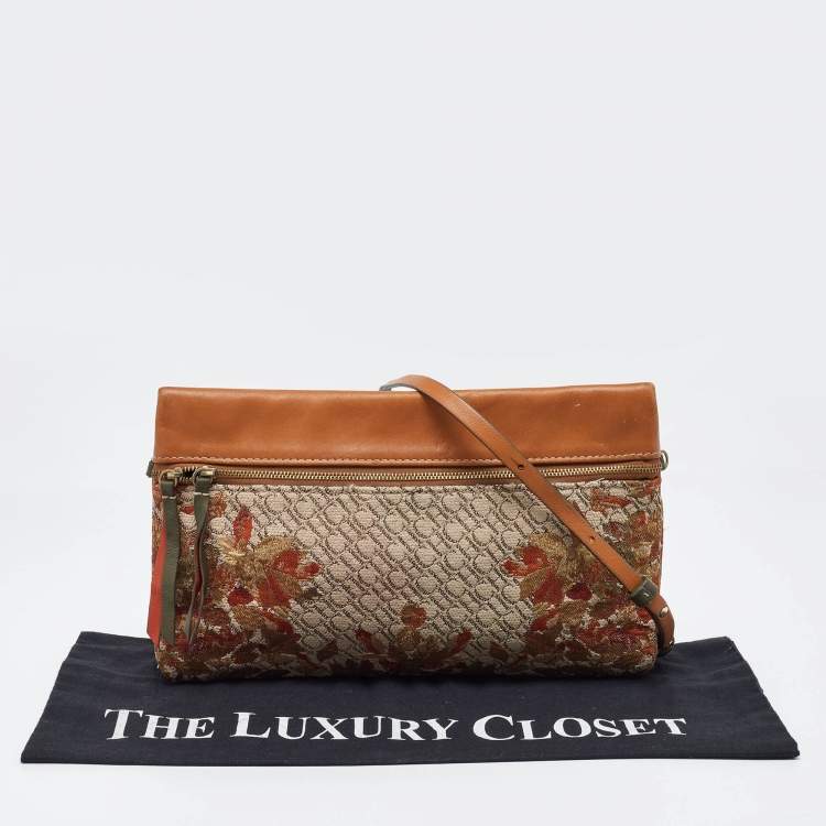 Pre Owned CH Carolina Herrera Brown Signature Canvas and Leather Strap Clutch 