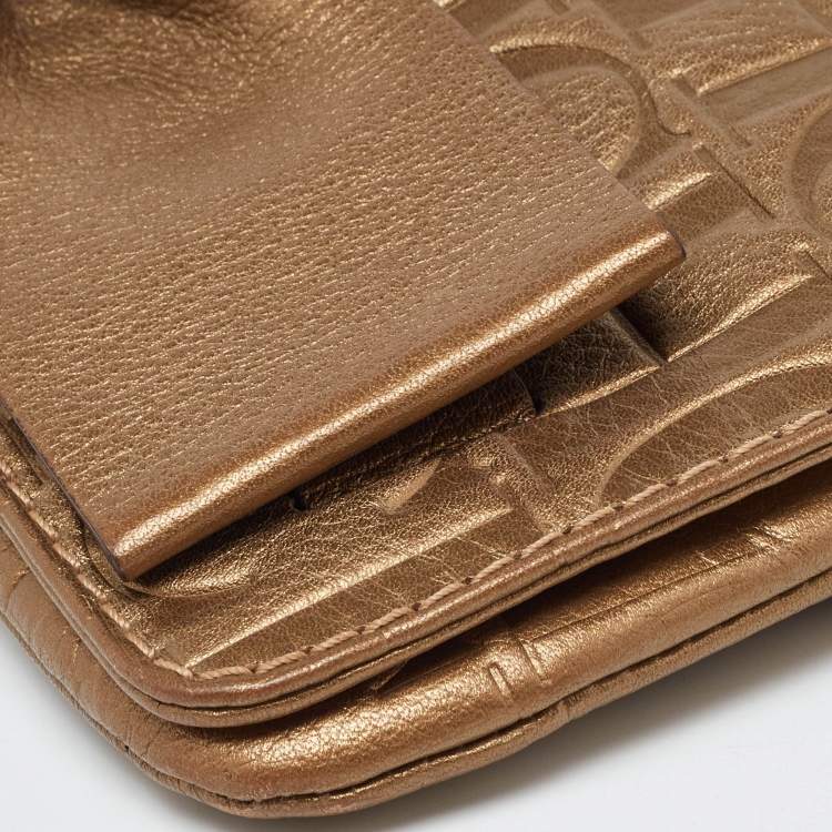 Pre Owned CH Carolina Herrera Gold Monogram Leather Bow Chain Clutch