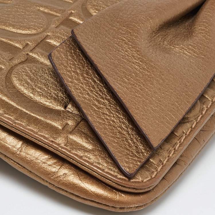 Pre Owned CH Carolina Herrera Gold Monogram Leather Bow Chain Clutch