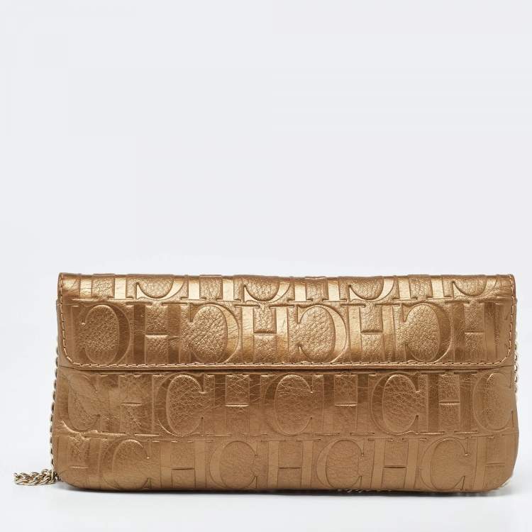 Pre Owned CH Carolina Herrera Gold Monogram Leather Bow Chain Clutch