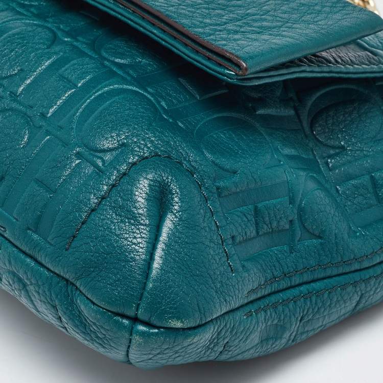 Pre Owned CH Carolina Herrera Green Monogram Embossed Leather Bow Shoulder Bag