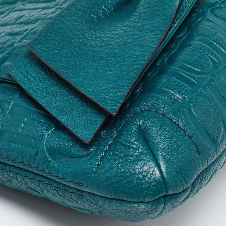 Pre Owned CH Carolina Herrera Green Monogram Embossed Leather Bow Shoulder Bag