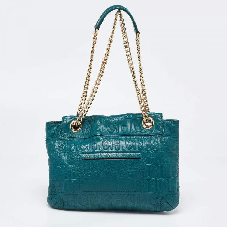 Pre Owned CH Carolina Herrera Green Monogram Embossed Leather Bow Shoulder Bag