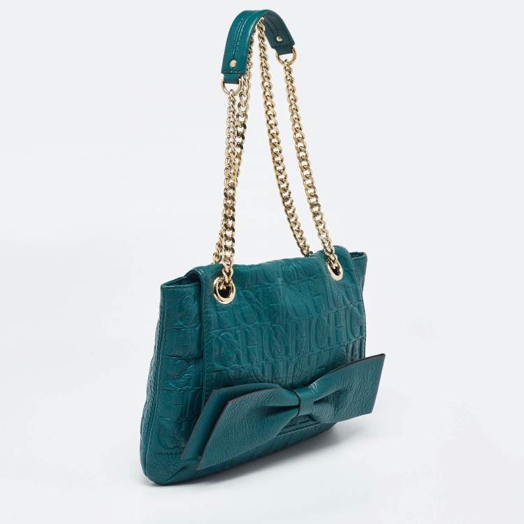 Pre Owned CH Carolina Herrera Green Monogram Embossed Leather Bow Shoulder Bag