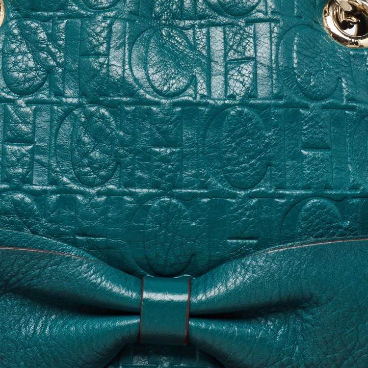 Pre Owned CH Carolina Herrera Green Monogram Embossed Leather Bow Shoulder Bag