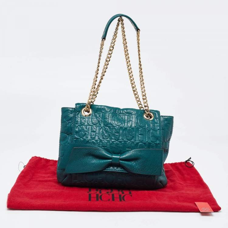 Pre Owned CH Carolina Herrera Green Monogram Embossed Leather Bow Shoulder Bag