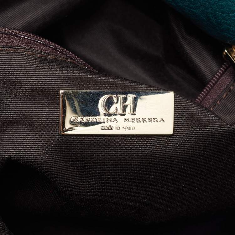 Pre Owned CH Carolina Herrera Green Monogram Embossed Leather Bow Shoulder Bag