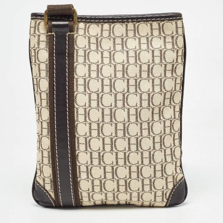 Pre Owned CH Carolina Herrera Dark Brown/Light Beige Monogram Canvas Small Messenger Bag