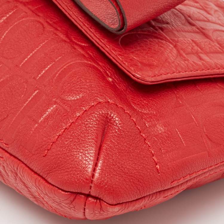 Pre Owned CH Carolina Herrera Red Monogram Embossed Leather Audrey Shoulder Bag