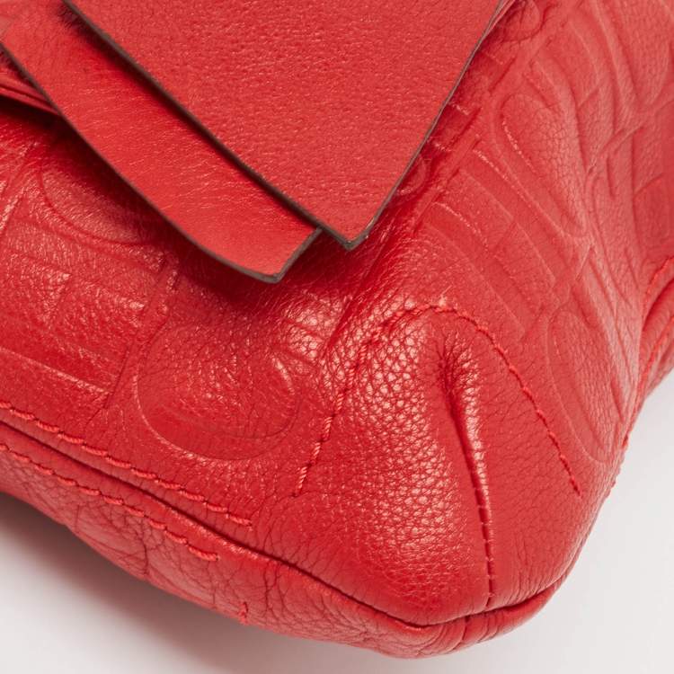 Pre Owned CH Carolina Herrera Red Monogram Embossed Leather Audrey Shoulder Bag
