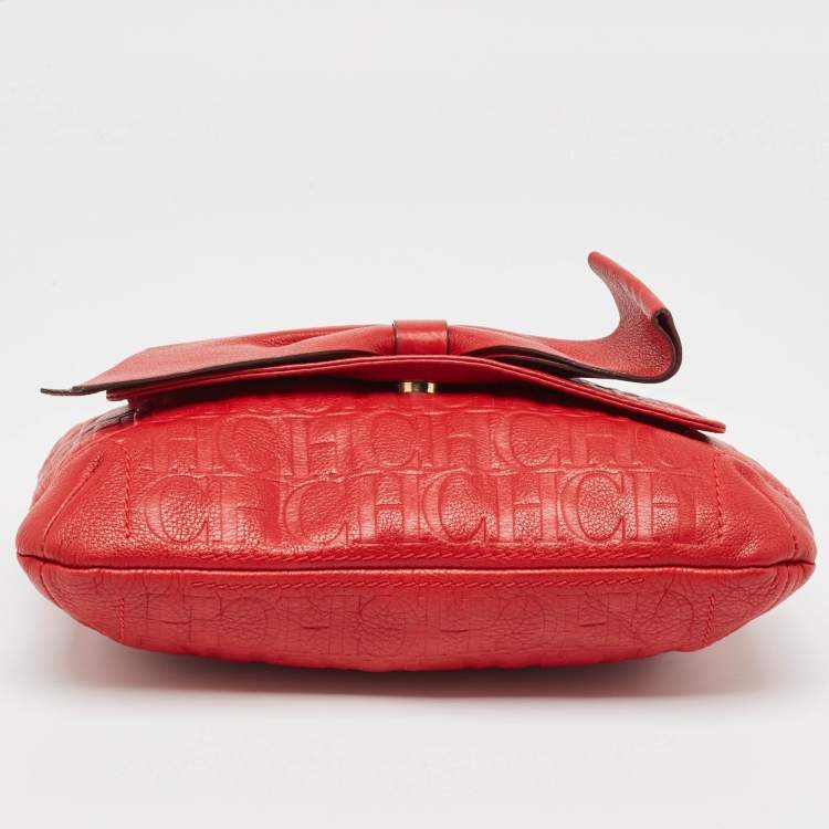 Pre Owned CH Carolina Herrera Red Monogram Embossed Leather Audrey Shoulder Bag
