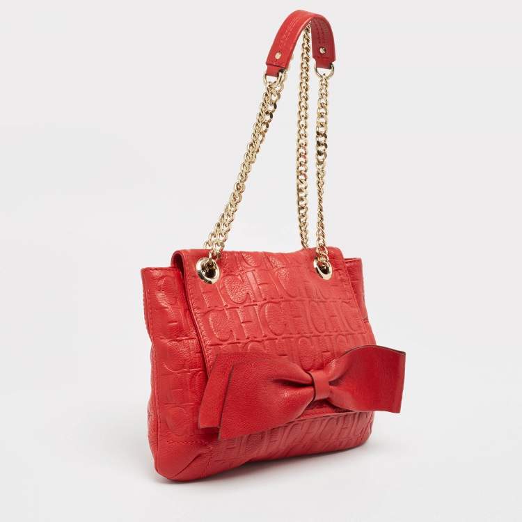 Pre Owned CH Carolina Herrera Red Monogram Embossed Leather Audrey Shoulder Bag