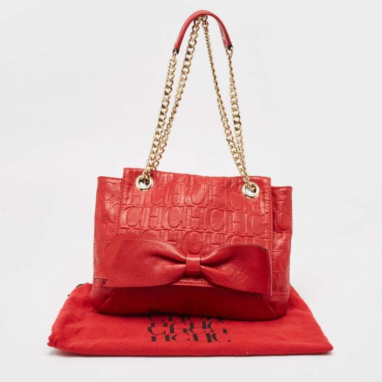 Pre Owned CH Carolina Herrera Red Monogram Embossed Leather Audrey Shoulder Bag