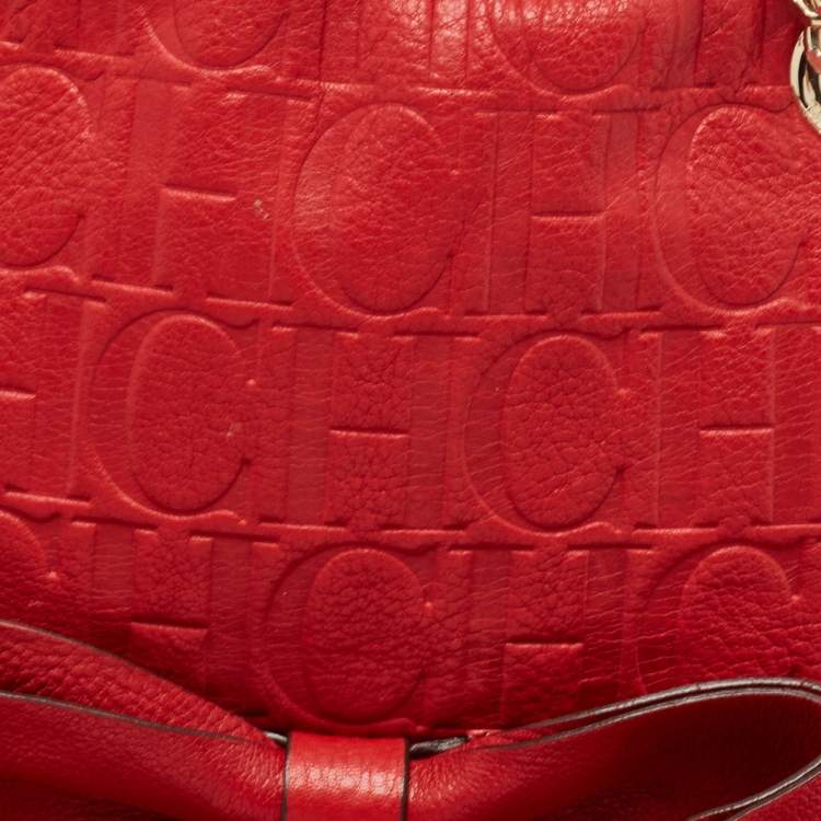 Pre Owned CH Carolina Herrera Red Monogram Embossed Leather Audrey Shoulder Bag