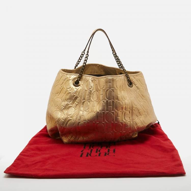 Pre Owned CH Carolina Herrera Iridescent Gold Monogram Embossed Leather Chain Hobo