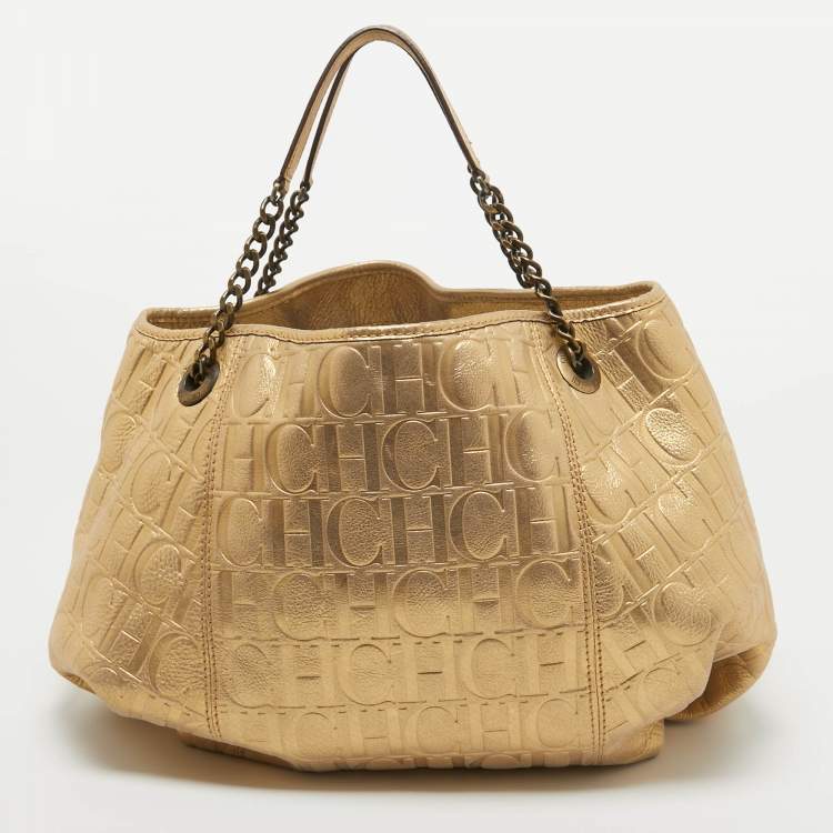 Pre Owned CH Carolina Herrera Iridescent Gold Monogram Embossed Leather Chain Hobo