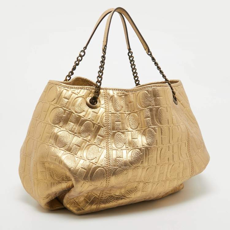 Pre Owned CH Carolina Herrera Iridescent Gold Monogram Embossed Leather Chain Hobo