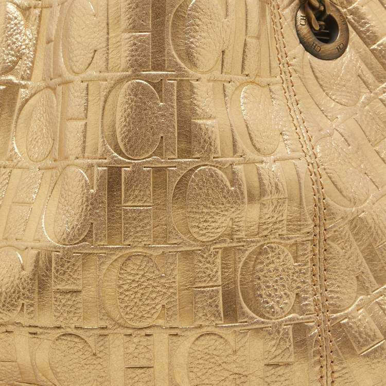 Pre Owned CH Carolina Herrera Iridescent Gold Monogram Embossed Leather Chain Hobo
