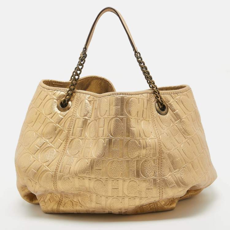 Pre Owned CH Carolina Herrera Iridescent Gold Monogram Embossed Leather Chain Hobo