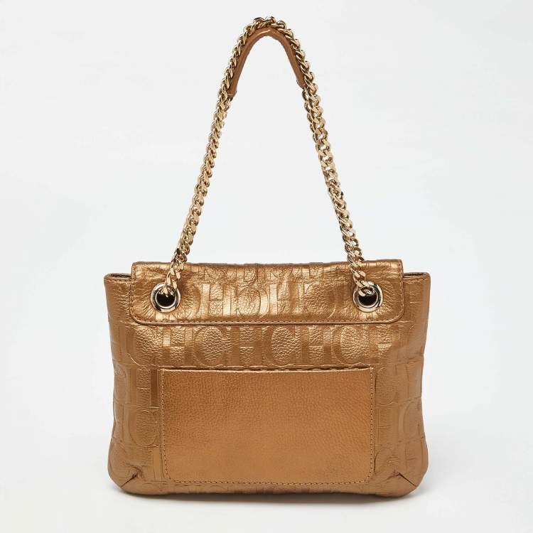 Pre Owned CH Carolina Herrera Bronze Monogram Embossed Leather Audrey Shoulder Bag
