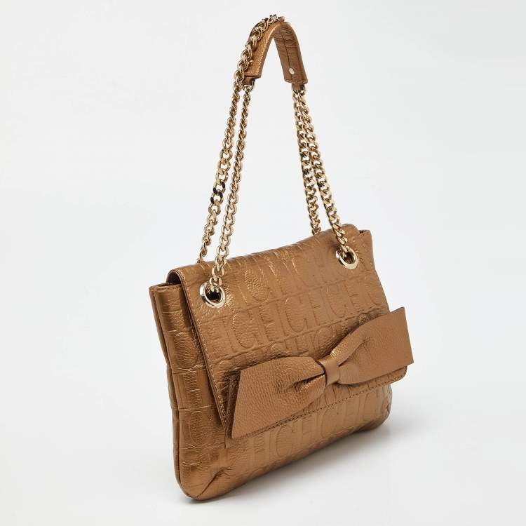Pre Owned CH Carolina Herrera Bronze Monogram Embossed Leather Audrey Shoulder Bag