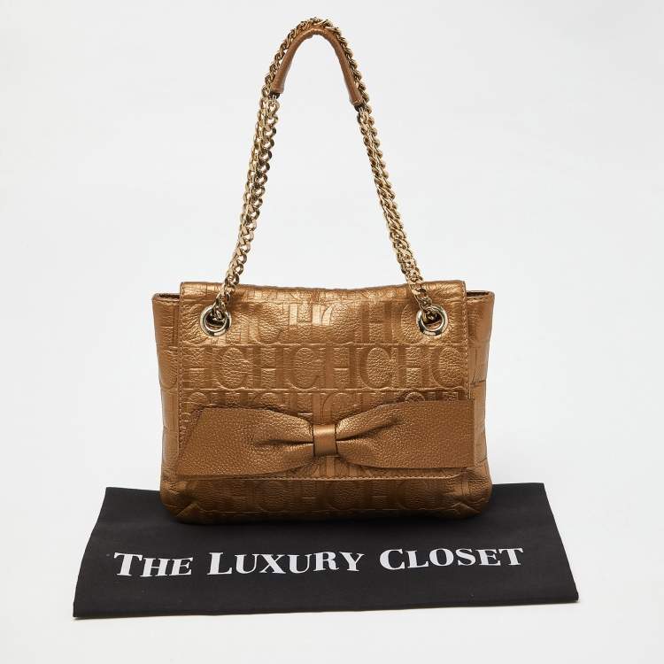 Pre Owned CH Carolina Herrera Bronze Monogram Embossed Leather Audrey Shoulder Bag