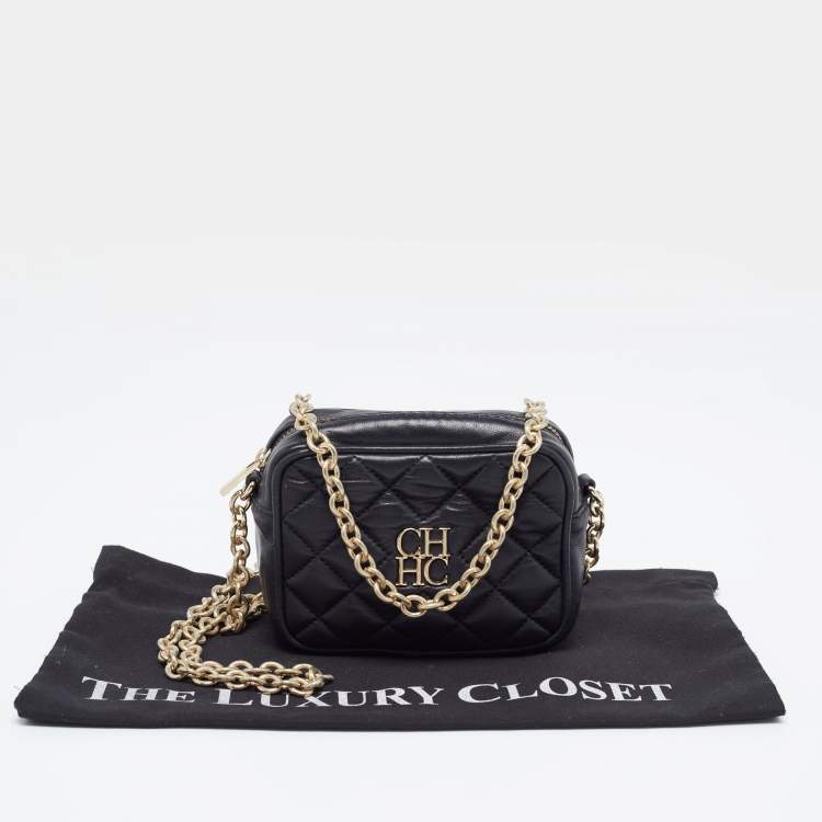 Pre Owned CH Carolina Herrera Black Quilted Leather Mini Chain Crossbody Bag 
