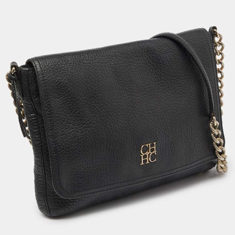 Pre Owned CH Carolina Herrera Black Leather Chain Flap Shoulder Bag