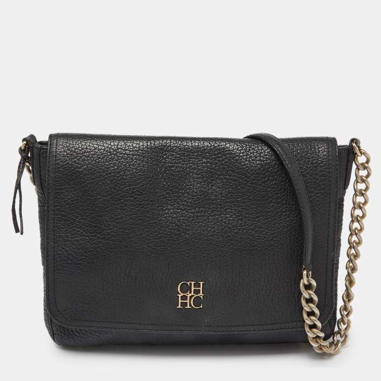 Pre Owned CH Carolina Herrera Black Leather Chain Flap Shoulder Bag