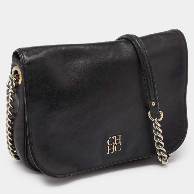Pre Owned CH Carolina Herrera Black Leather New Baltazar Flap Shoulder Bag