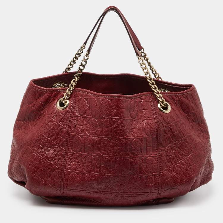 Pre Owned CH Carolina Herrera Red Monogram Embossed Leather Chain Hobo