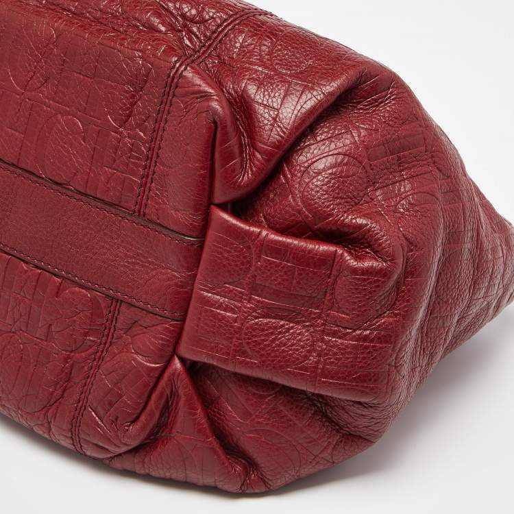 Pre Owned CH Carolina Herrera Red Monogram Embossed Leather Chain Hobo