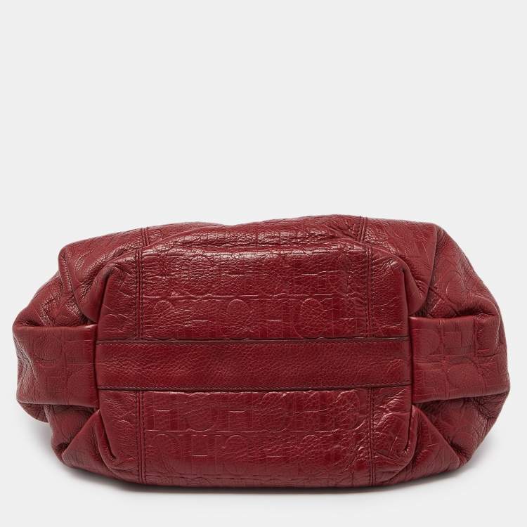 Pre Owned CH Carolina Herrera Red Monogram Embossed Leather Chain Hobo