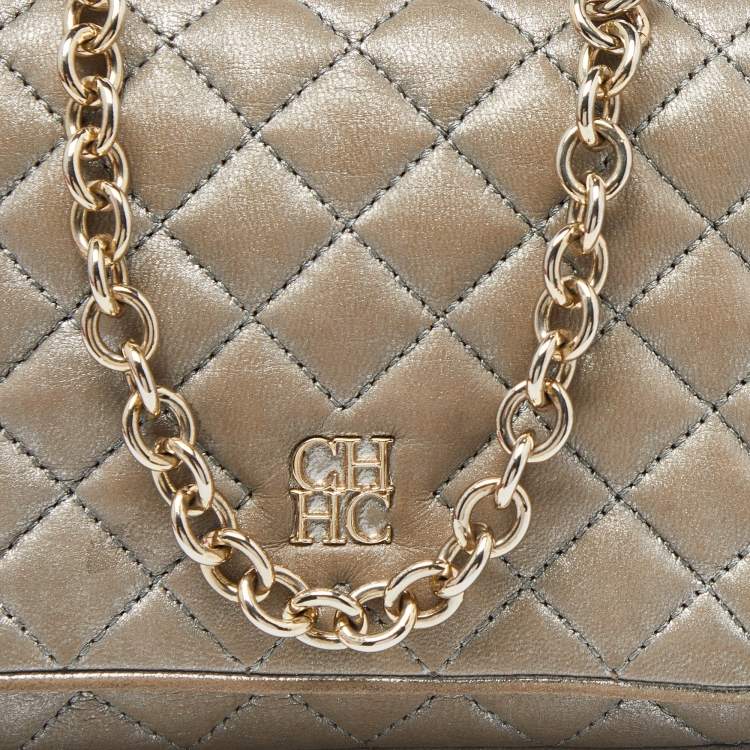 Pre Owned CH Carolina Herrera Silver Quilted Leather Chain Flap Shoulder Bag
