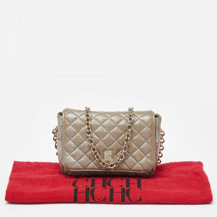 Pre Owned CH Carolina Herrera Silver Quilted Leather Chain Flap Shoulder Bag
