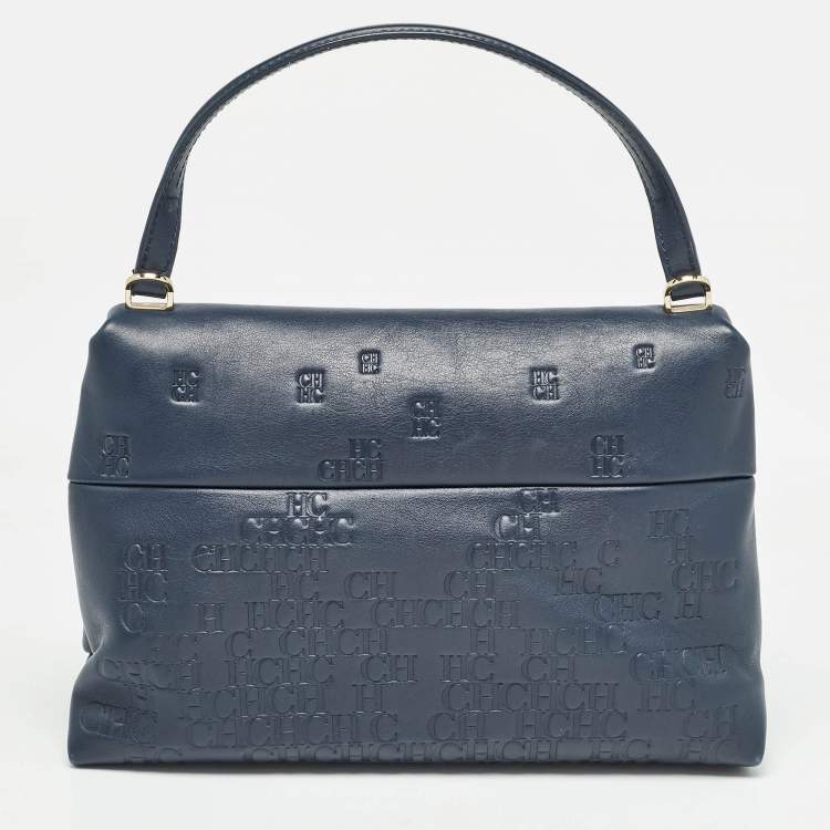 Pre Owned CH Carolina Herrera Navy Blue Monogram Embossed Leather Flap Top Handle Bag