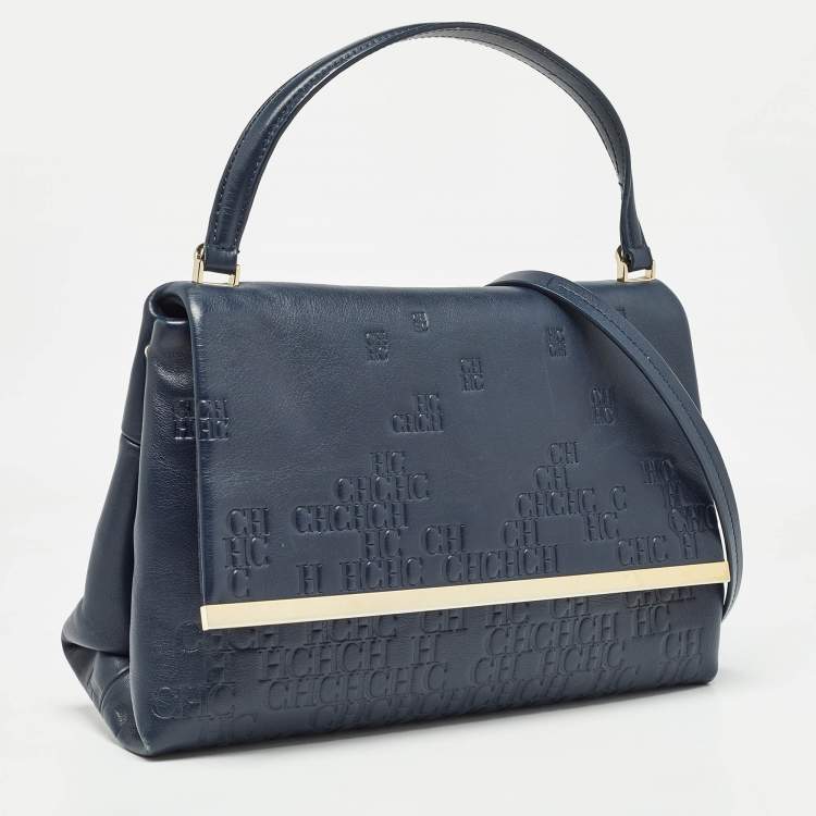 Pre Owned CH Carolina Herrera Navy Blue Monogram Embossed Leather Flap Top Handle Bag
