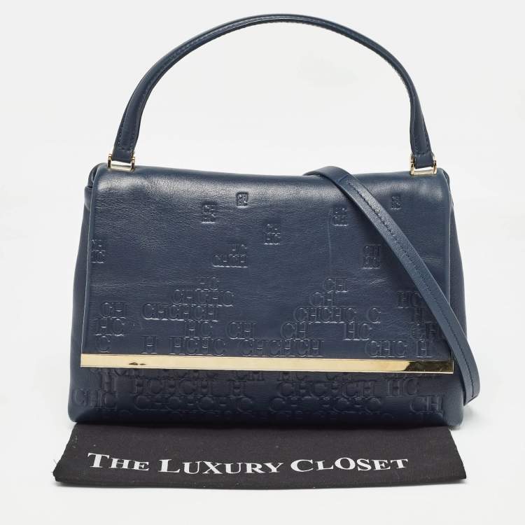 Pre Owned CH Carolina Herrera Navy Blue Monogram Embossed Leather Flap Top Handle Bag