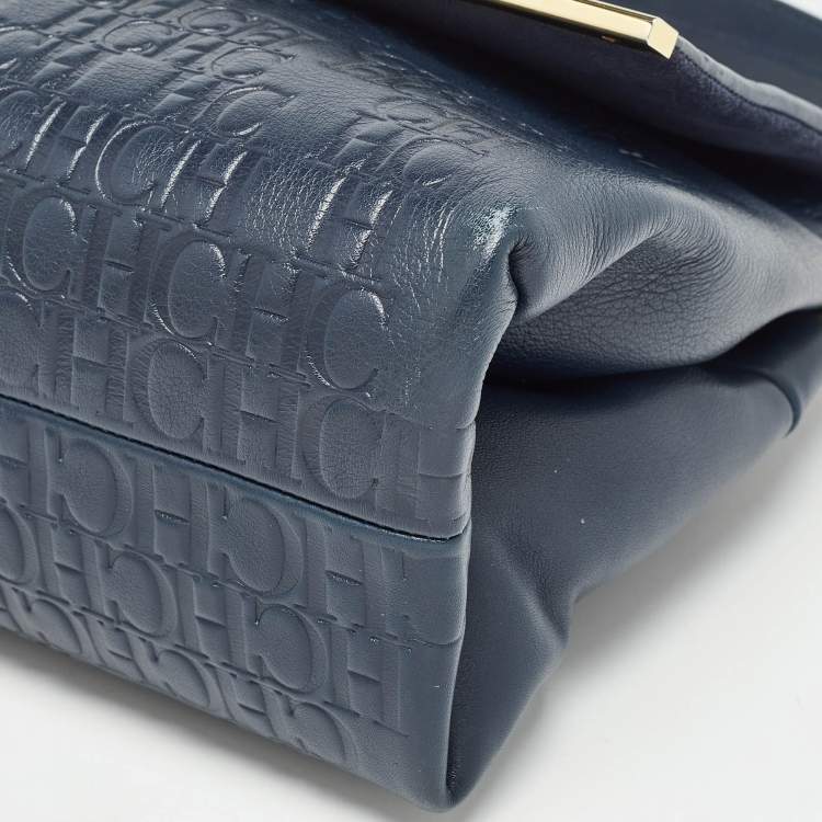 Pre Owned CH Carolina Herrera Navy Blue Monogram Embossed Leather Flap Top Handle Bag