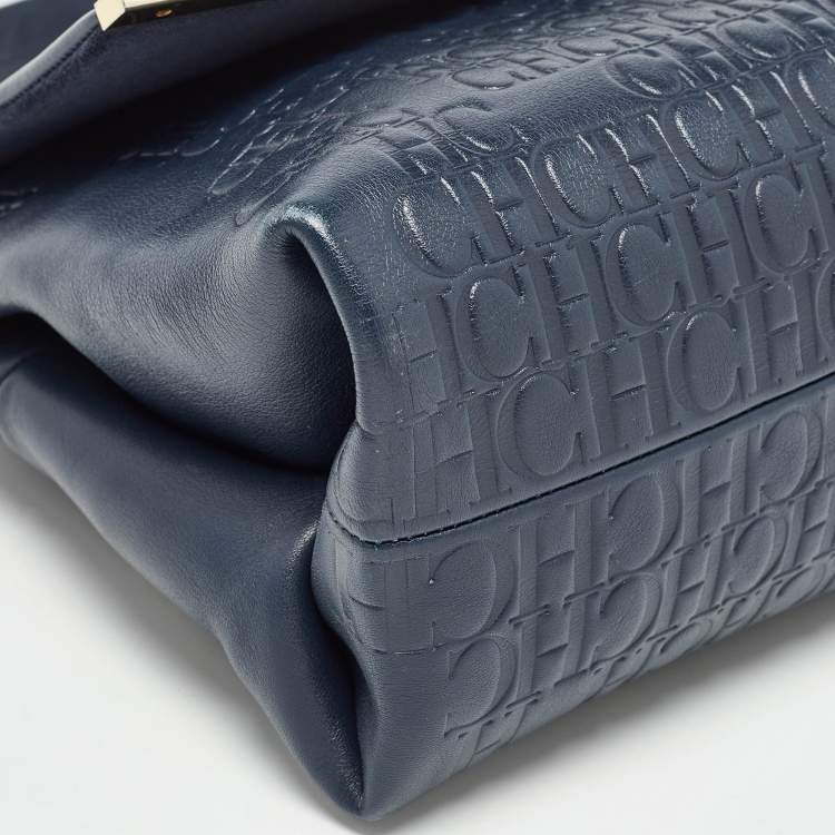 Pre Owned CH Carolina Herrera Navy Blue Monogram Embossed Leather Flap Top Handle Bag