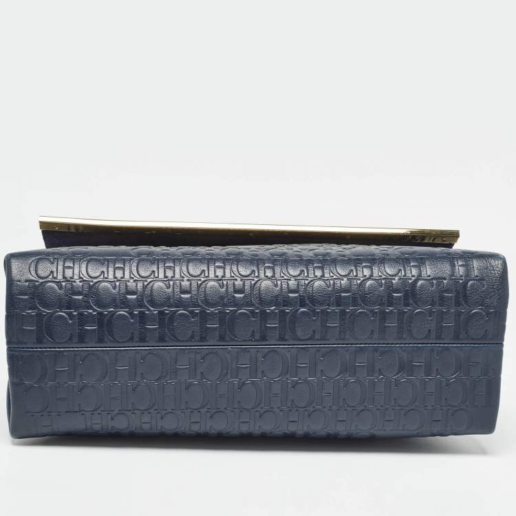 Pre Owned CH Carolina Herrera Navy Blue Monogram Embossed Leather Flap Top Handle Bag